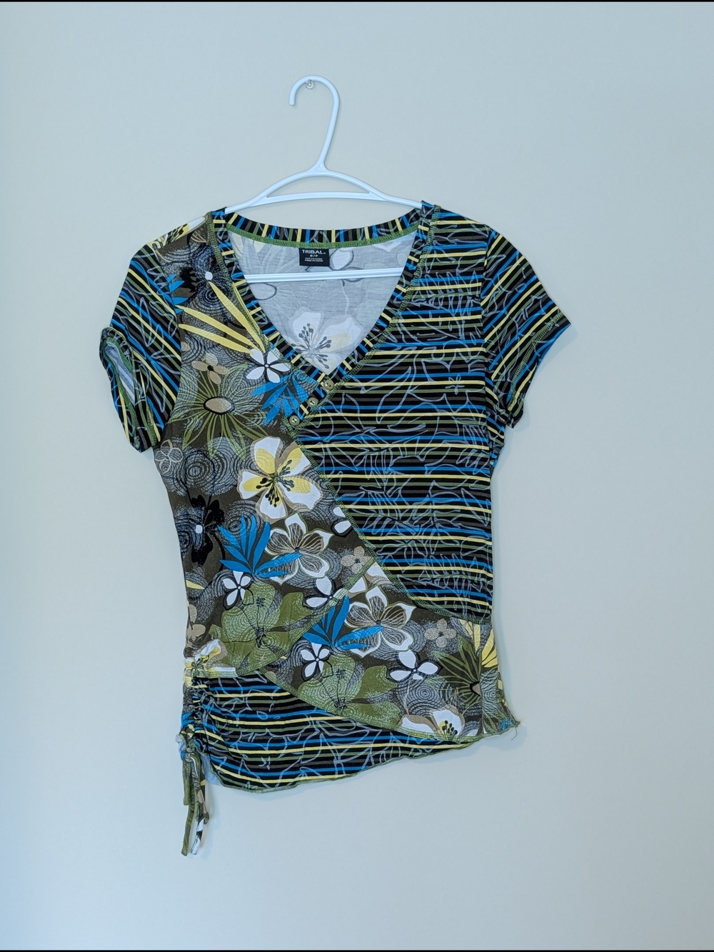 Tribal, Floral & Stripe V-Neck Short Sleeve Top in Blue and Green, Size Small